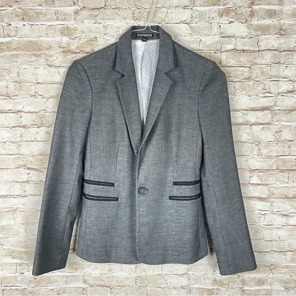 Express Gray Fitted Blazer Sz 4 Lined One Button Pockets Jacket Career - Picture 8 of 8